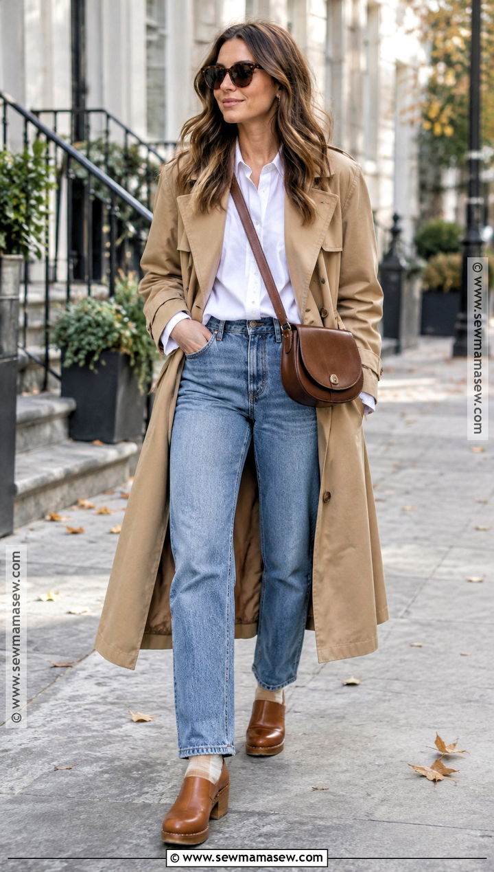 Heeled Clogs With Straight Leg Jeans And Trench Coat - 15 Heeled Clogs Outfit Fall Ideas