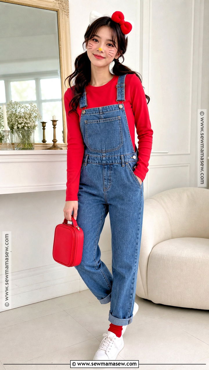 Hello Kitty Costume With Denim Overalls - 40 hello kitty halloween costume ideas