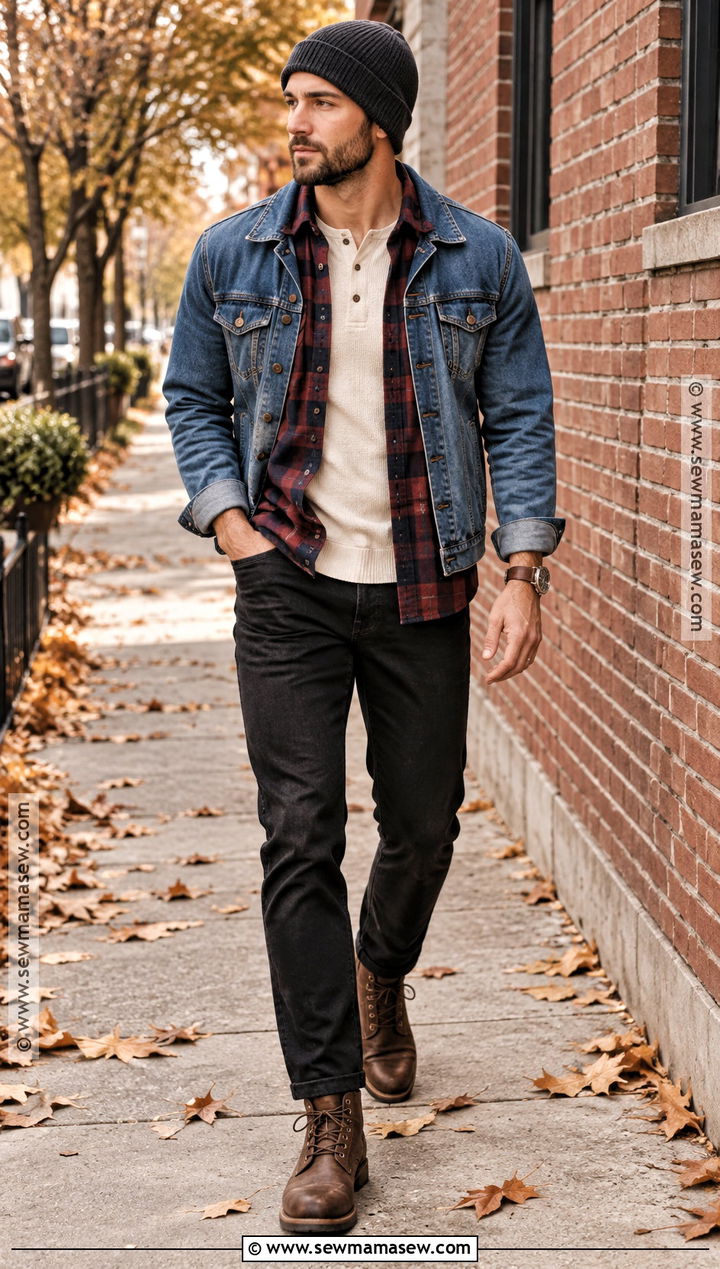Henley Flannel Shirt and Denim Jacket Fall Outfit - 15 fall layering outfits for men
