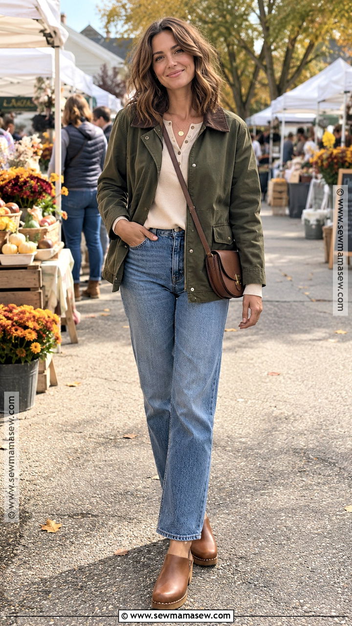 Henley Long Sleeve Fall Outfit With Straight Leg Jeans - 20 Long Sleeve Fall Outfits