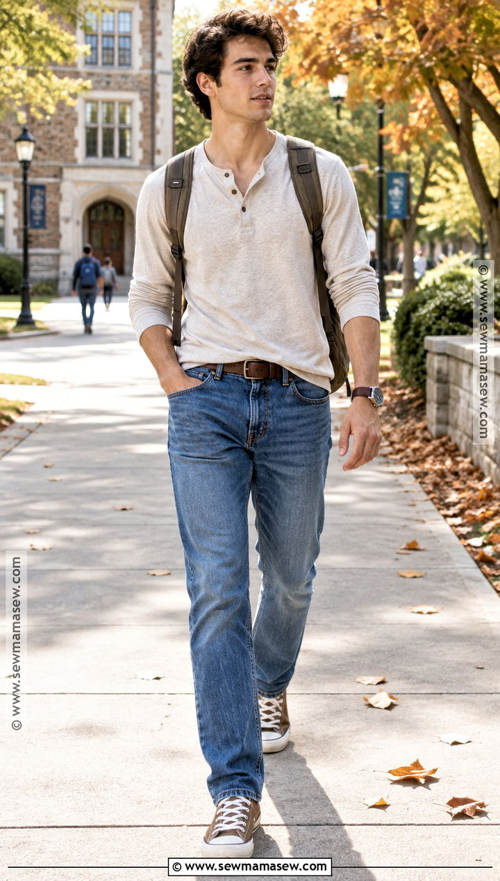 Henley Shirt And Blue Jeans Back To School Outfit - 25 back to school outfits for men