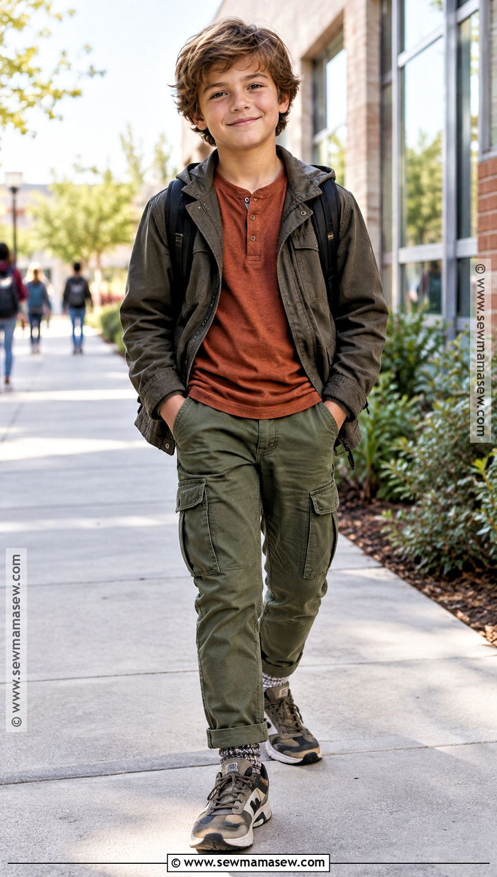Henley Shirt And Cargo Pants Back To School Outfit - 15 Back To School Capsule Wardrobe Ideas for Kids