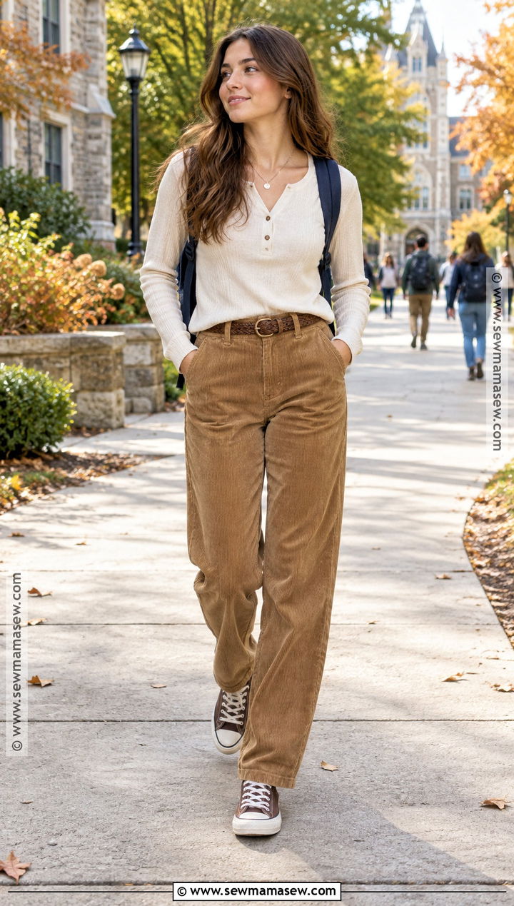 Henley Top And Corduroy Pants Back To School Outfit - 20 back to school outfits simple