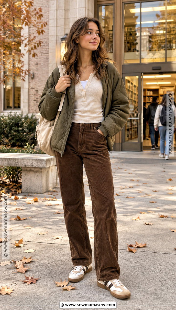 Henley Top And Corduroy Pants Outfit - 20 comfy back to school outfits