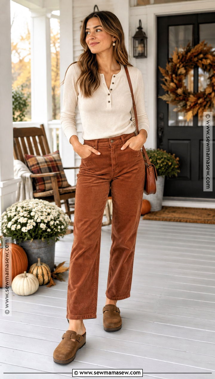 Henley Top And Corduroy Pants Thanksgiving Outfit - 20 comfy casual thanksgiving outfit ideas