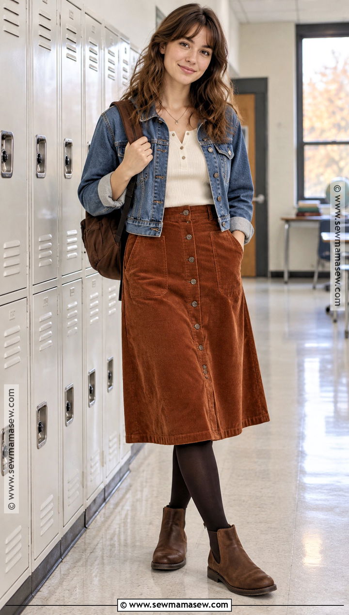 Henley Top And Corduroy Skirt Fall School Outfit - 30 fall outfits for school