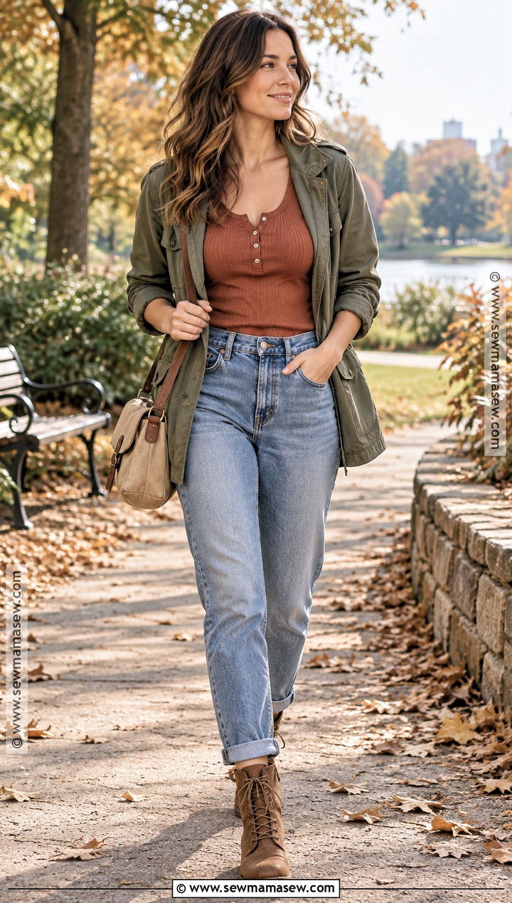 Henley Top And Mom Jeans Breastfeeding Outfit - 20 Breastfeeding Outfits Fall