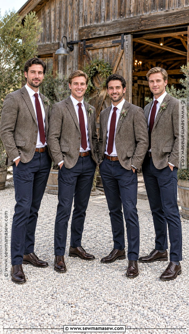 Herringbone Blazer And Chinos Groomsmen Attire - 25 fall wedding groomsmen attire ideas
