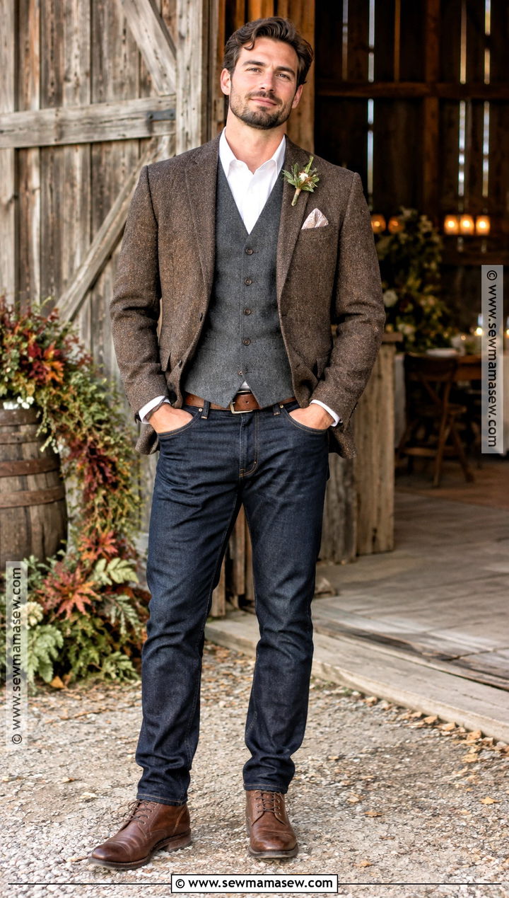 Herringbone Blazer And Dark Jeans Groom Outfit - 15 casual groom attire fall ideas