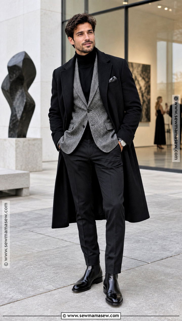Herringbone Blazer And Turtleneck Fall Wedding Guest Outfit - 15 male wedding guest outfit fall ideas