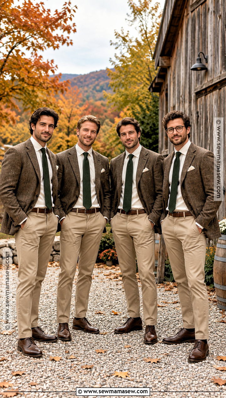 Herringbone Blazer With Khaki Trousers - 15 fall rustic groomsmen attire ideas