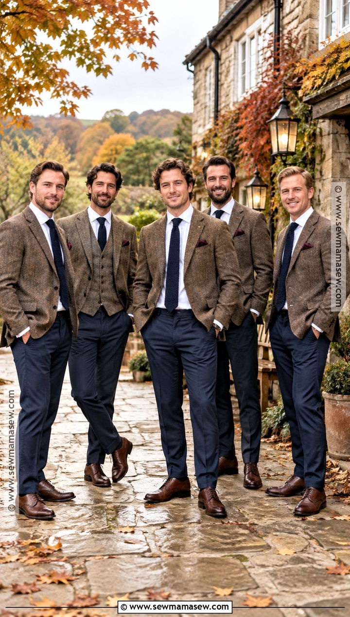 Herringbone Blazer With Navy Trousers - 20 fall groomsmen attire rustic ideas