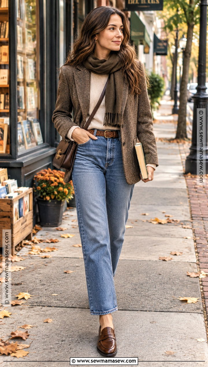 Herringbone Blazer With Sweater And Vintage Jeans - 20 fall blazer outfits