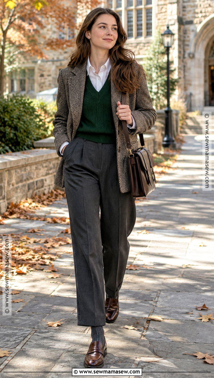 Herringbone Blazer With Sweater Vest And Trousers - 20 blazer fall outfits