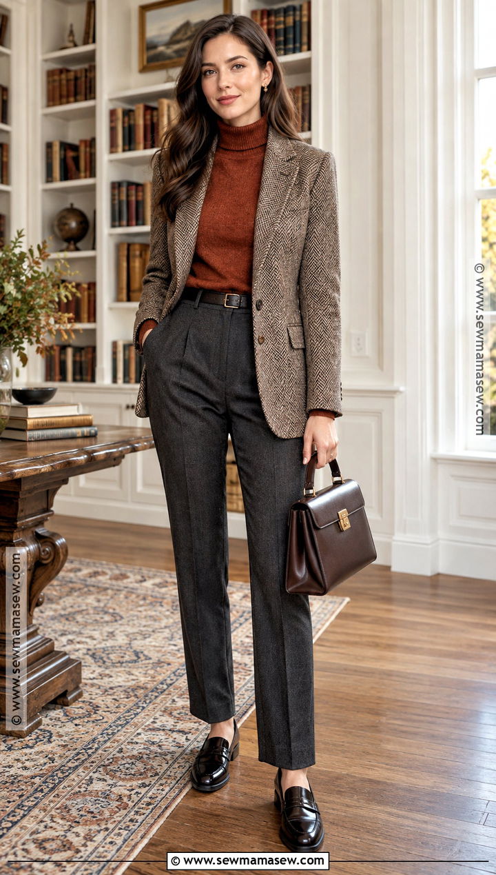 Herringbone Blazer With Turtleneck And Trousers - 20 fall blazer ideas