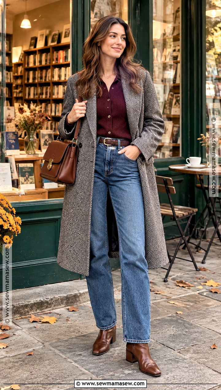 Herringbone Coat With Cardigan And Jeans - 25 autumn coat outfit ideas