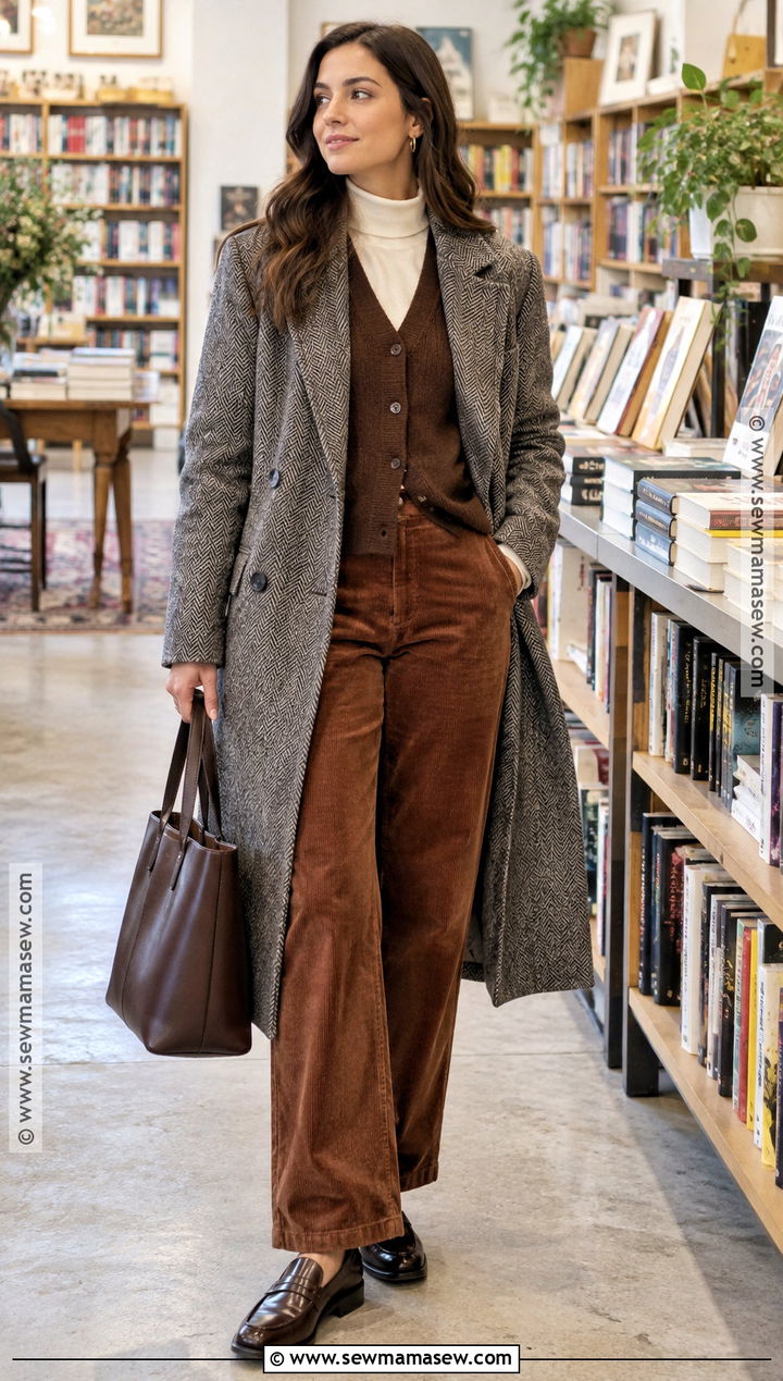 Herringbone Long Coat With Corduroy Pants - 20 long coat fall outfit ideas