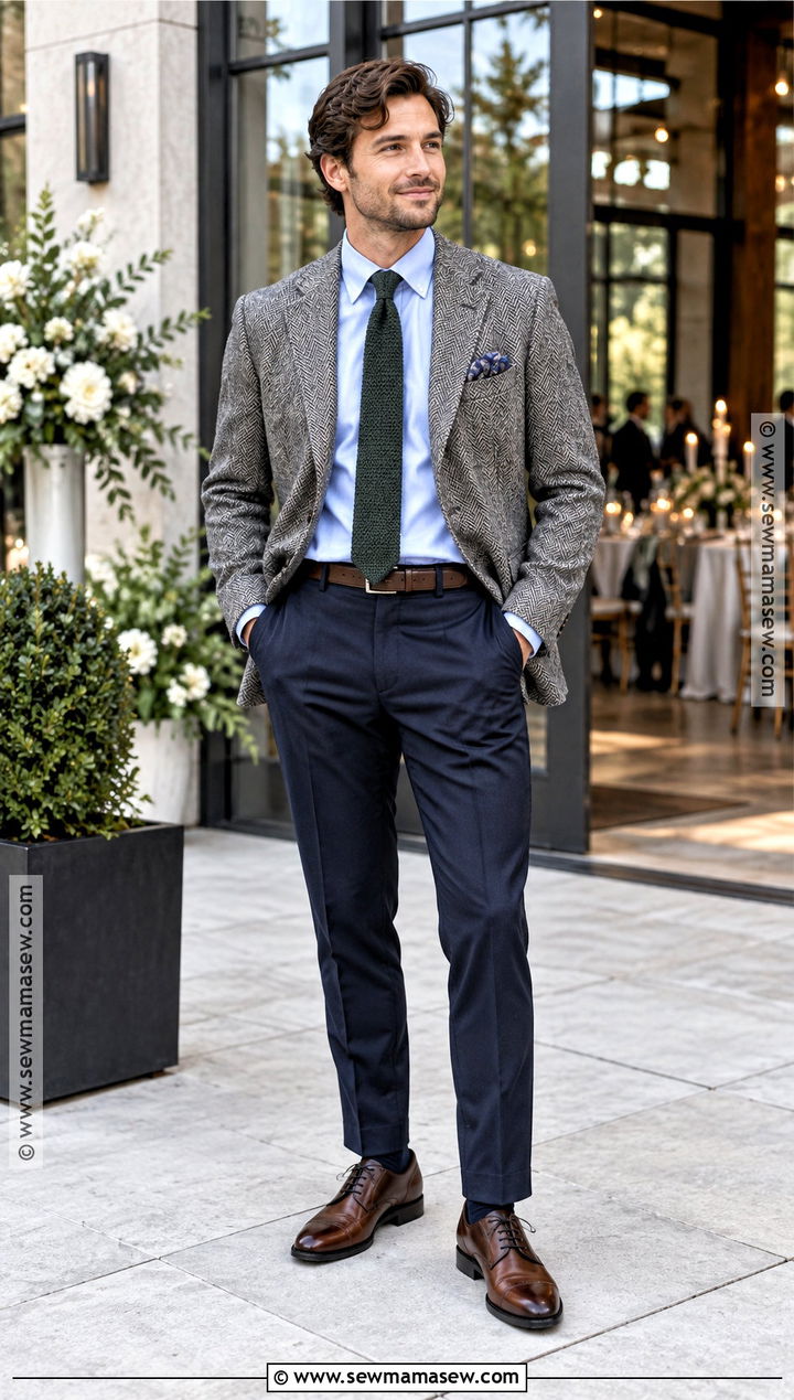 Herringbone Sport Coat and Navy Trousers Fall Wedding Guest Outfit - 15 fall wedding attire for men guest ideas