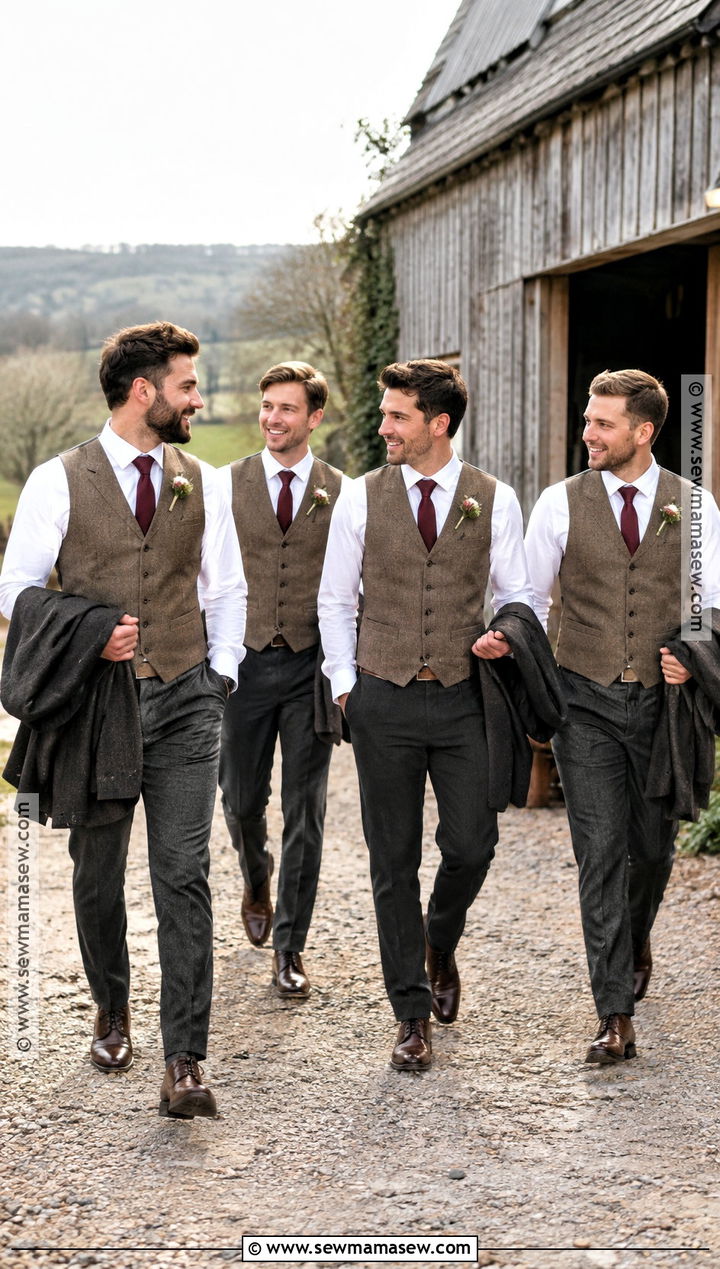 Herringbone Waistcoat With Dark Trousers - 15 november groomsmen attire ideas