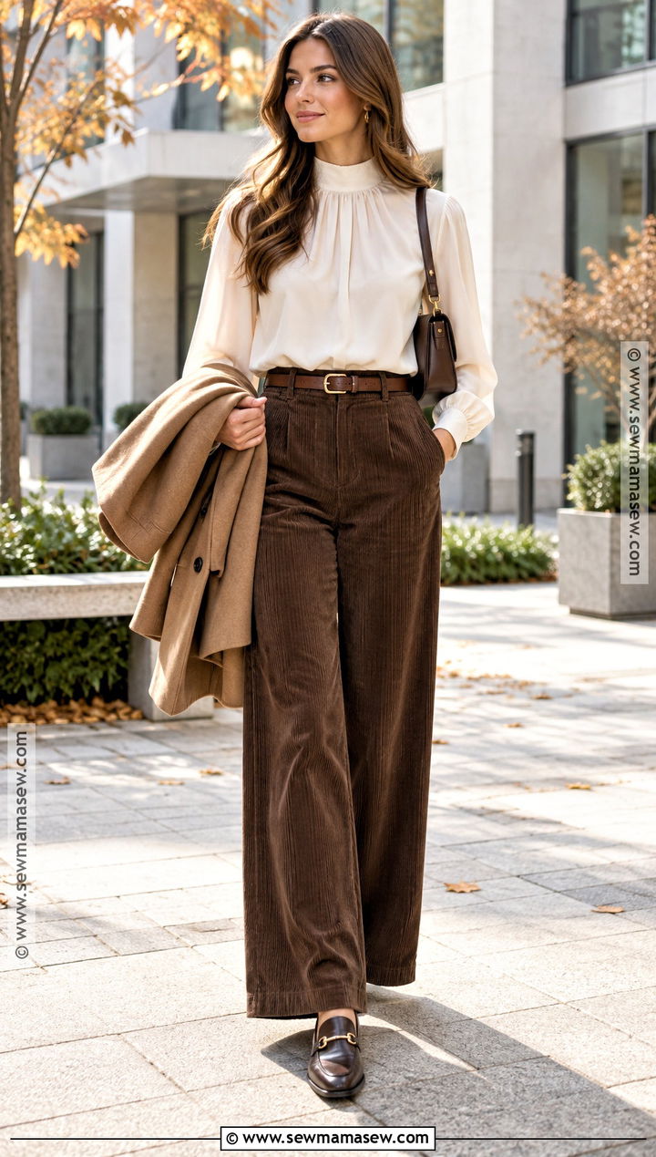 High Neck Blouse And Corduroy Pants - 20 fall outfit modest ideas