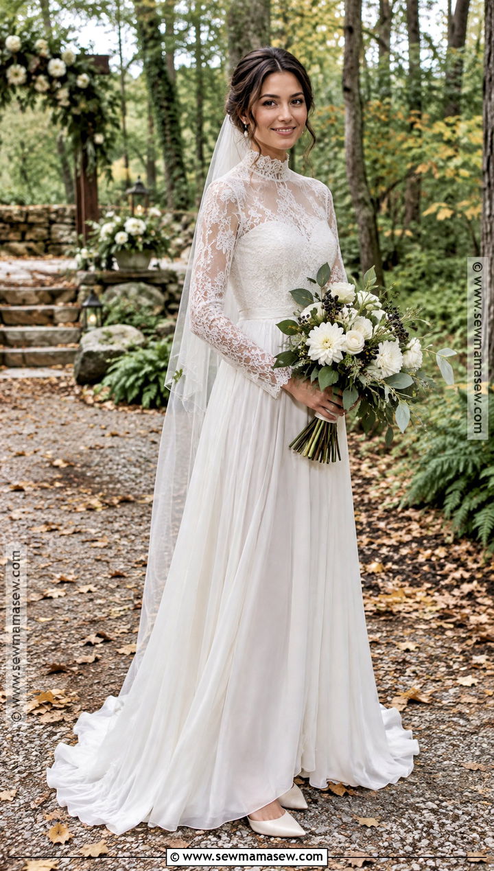 High Neck Boho Long Sleeve Wedding Dress - 15 boho fall wedding dress long sleeve ideas