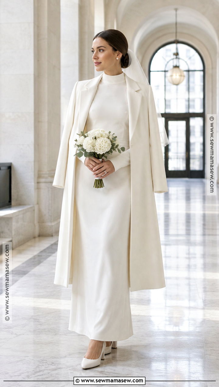 High Neck Elopement Dress With Bridal Coat - 15 November Elopement Dress Ideas