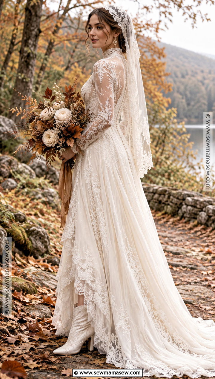 High Neck Lace Boho Wedding Dress - 20 boho fall wedding dress ideas