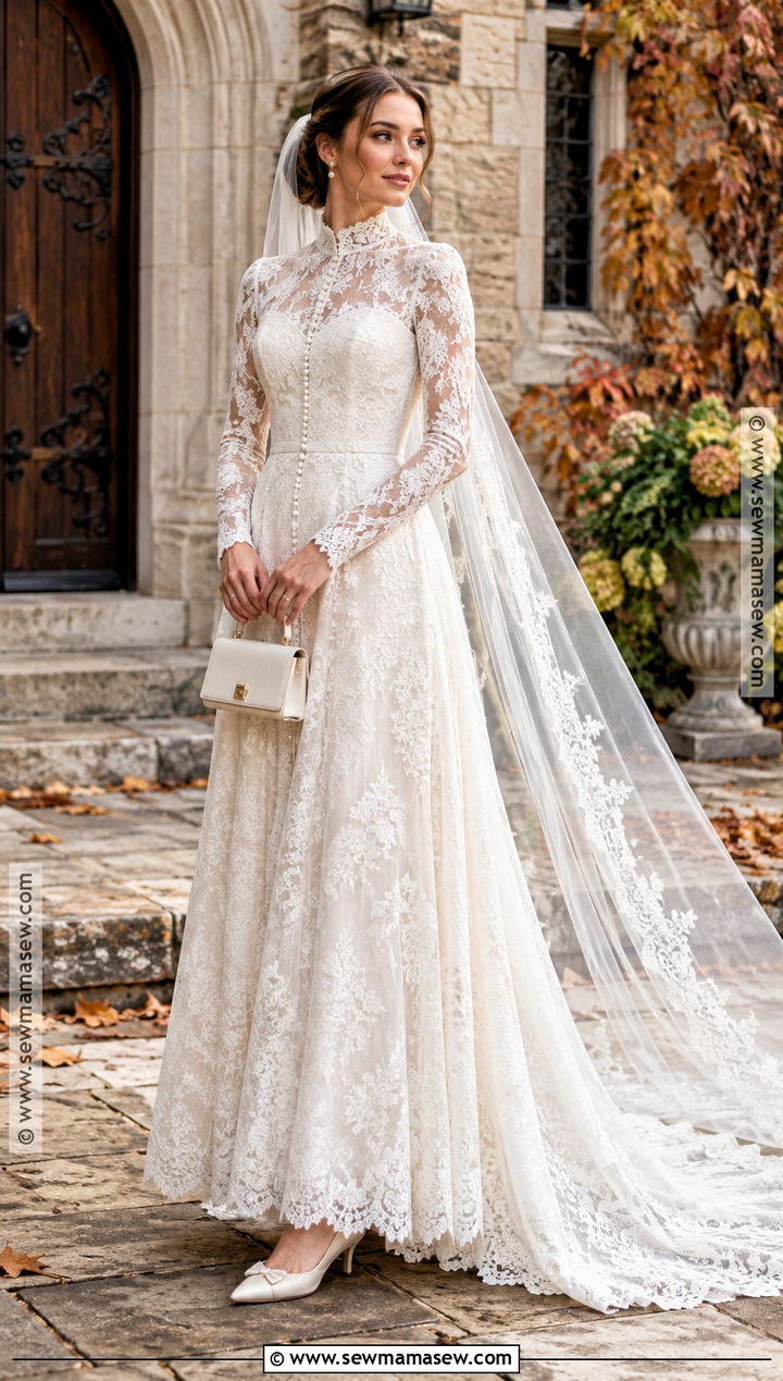 High Neck Lace Bridal Gown With Low Bun - 20 fall bridal outfits