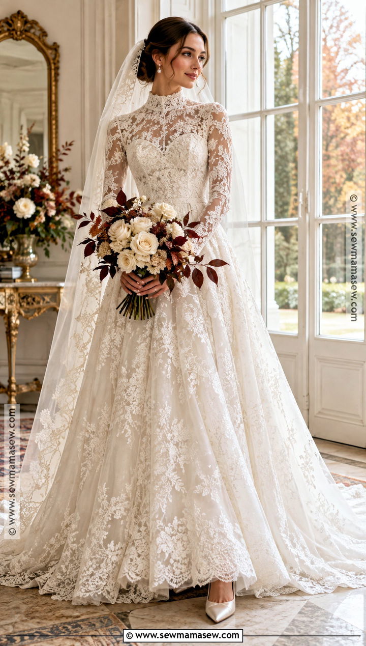 High Neck Lace Fall Princess Wedding Dress - 15 fall princess wedding dress ideas