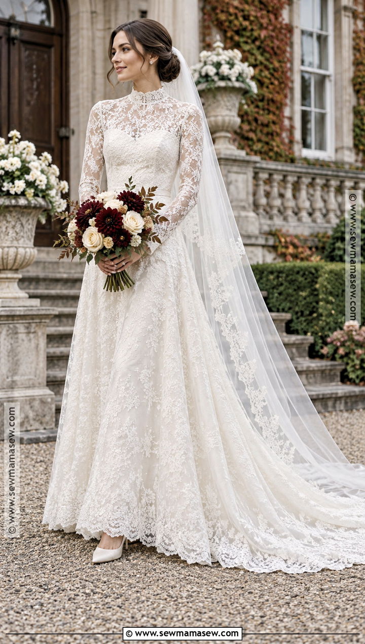 High Neck Lace Fall Wedding Dress - 15 Fall Wedding Dress Bride Ideas