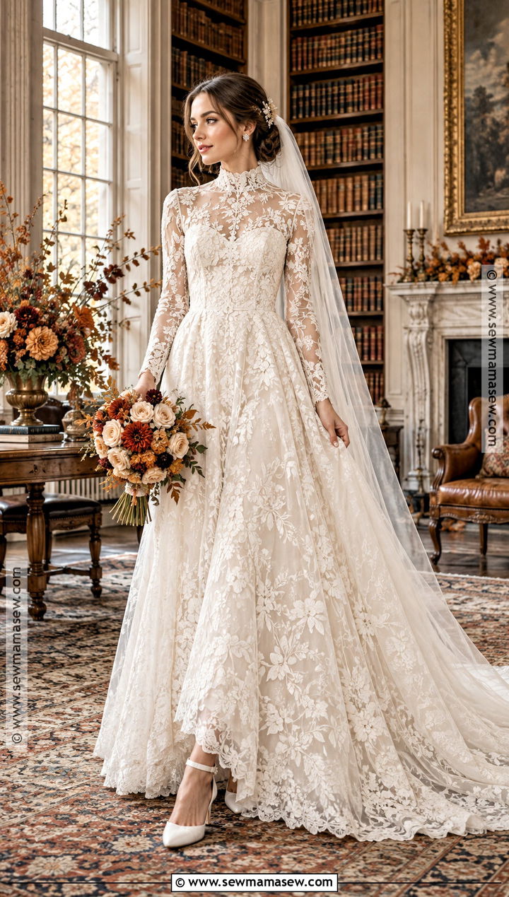 High Neck Lace Fall Wedding Dress - 15 Fall Wedding Dress Styles