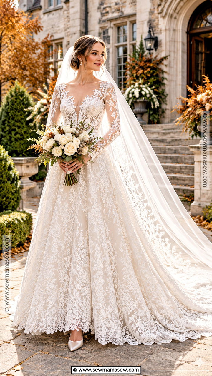 High Neck Lace Fall Wedding Dress - 20 romantic fall wedding dress ideas