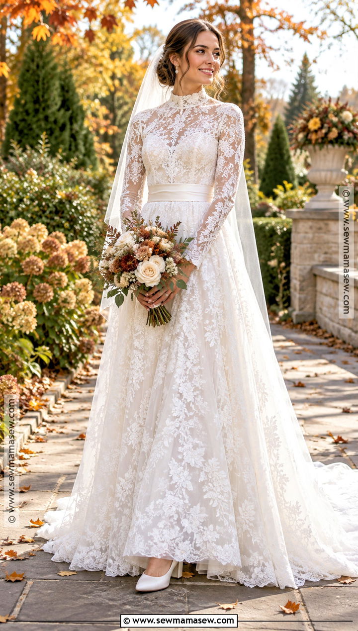 High Neck Lace Fall Wedding Dress - 15 Classic Fall Wedding Dress Ideas