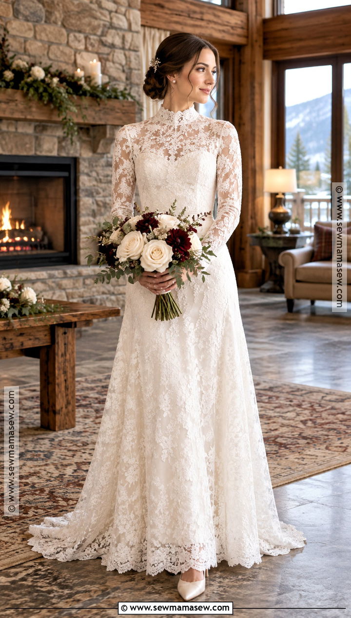 High Neck Lace Long Sleeve Wedding Dress - 15 rustic fall wedding dress lace long sleeve ideas