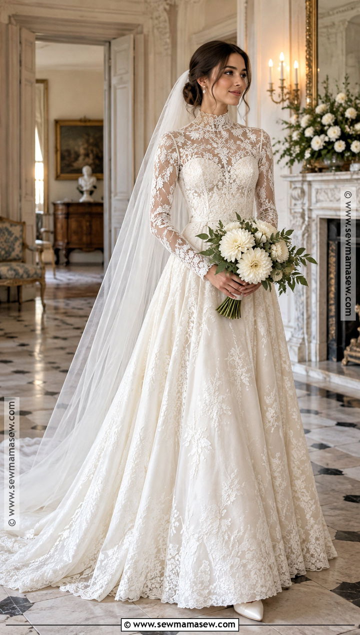 High Neck Long Sleeve Fall Wedding Dress - 20 long sleeve fall wedding dress ideas