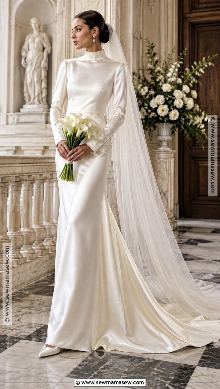 High Neck Satin Fall Bride Gown - 15 fall bride outfit ideas