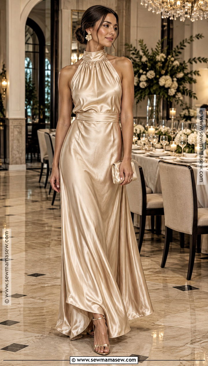 High Neck Satin Maxi Rehearsal Dinner Dress - 20 fall rehearsal dinner dress for bride ideas