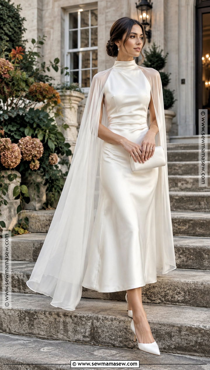 High Neck Satin Wedding Dress With Cape - 15 Casual Wedding Dress Fall Ideas