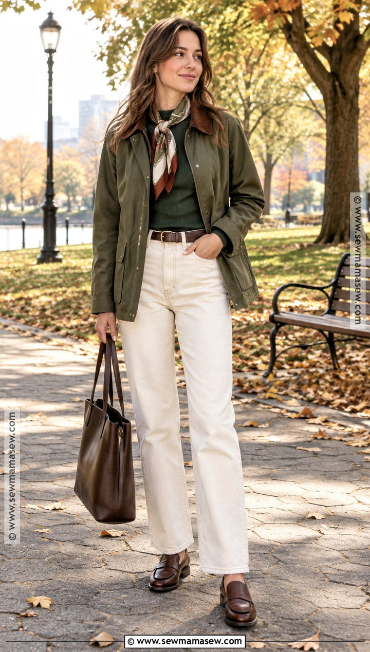 High Neck Tank Top With Barn Jacket And White Jeans - 15 fall fashion tank top ideas