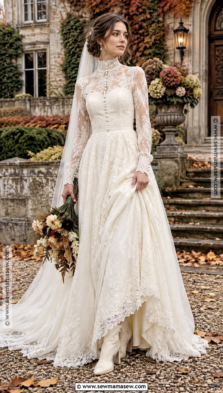 High Neck Victorian Lace Fall Wedding Dress - 15 Fall Theme Wedding Dress Ideas