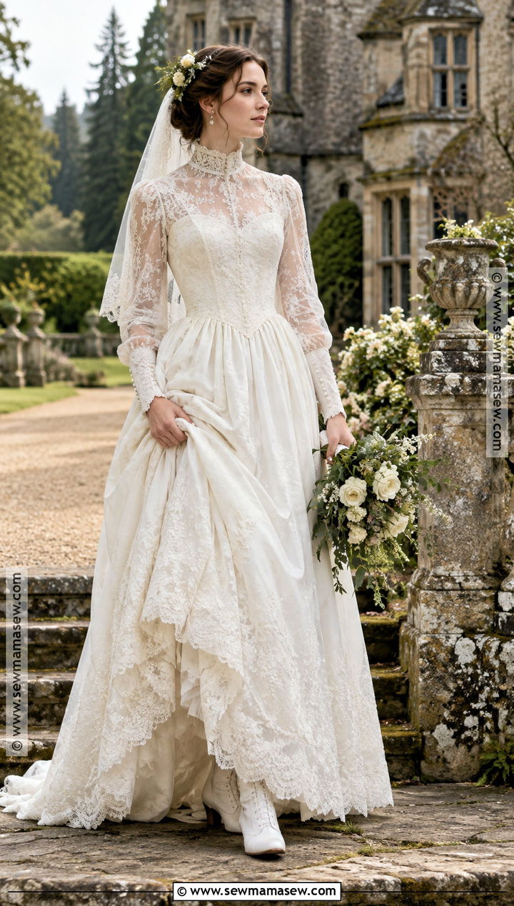 High Neck Victorian Lace Wedding Dress - 15 rustic boho fall wedding dress ideas