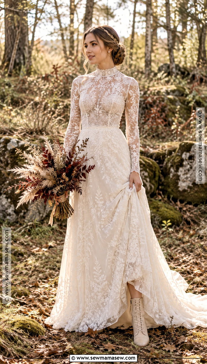 High Neck Vintage Boho Wedding Dress - 15 autumn boho wedding dress ideas