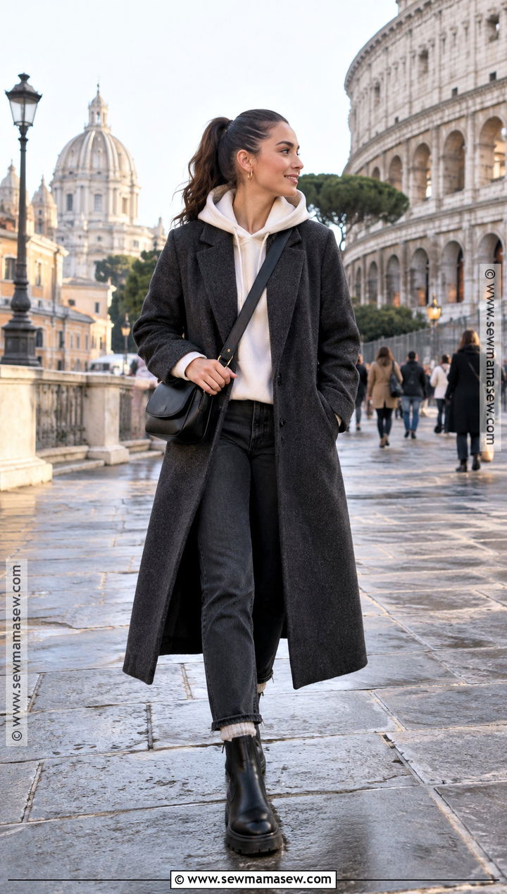High Ponytail With Hoodie And Long Wool Coat - 15 high ponytail outfit fall ideas
