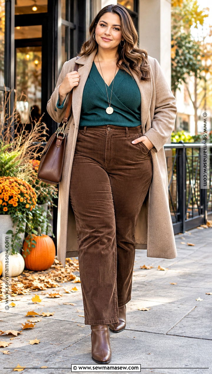 High Rise Corduroy Pants With Wrap Sweater - 15 fall outfit corduroy pants
