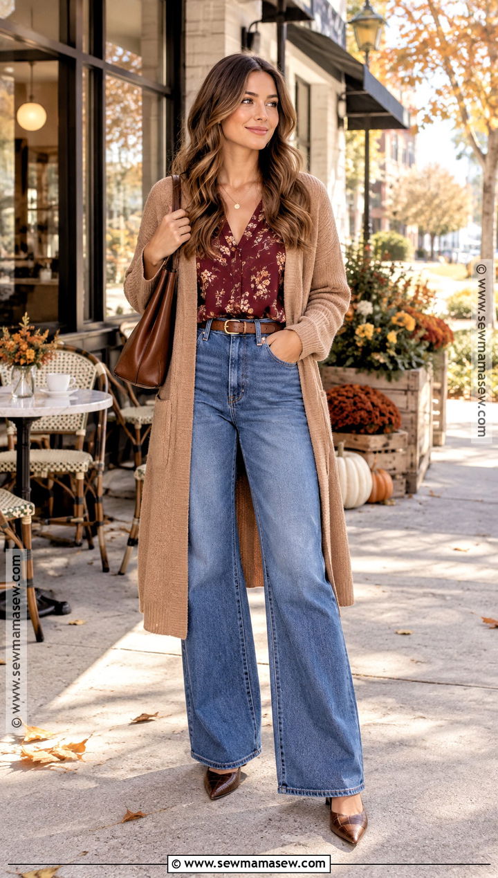 High Rise Jeans With Blouse and Long Cardigan - 20 cute fall outfits with jeans