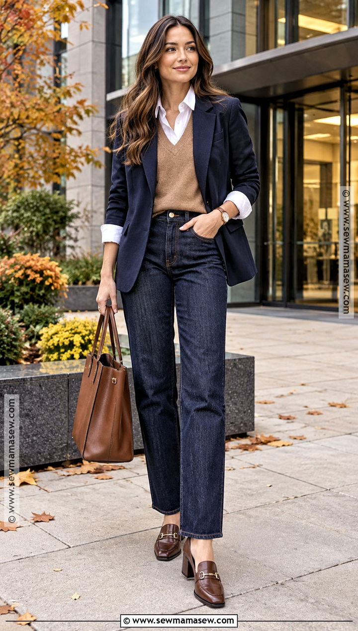 High Rise Jeans With Sweater Vest And Blazer - 20 fall outfits women jeans