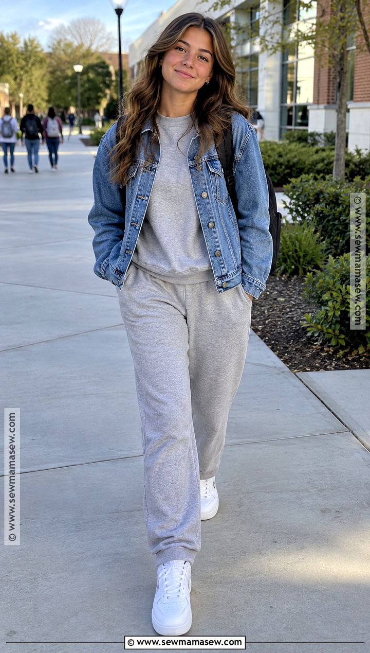 High School Outfit With A Matching Sweat Set And Denim Jacket - 15 back to school outfits for high school