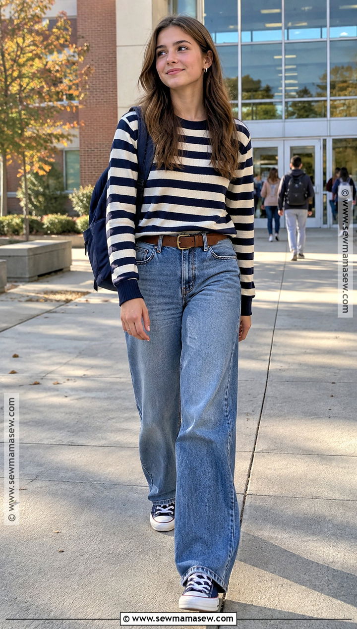 High School Outfit With Wide Leg Jeans And A Striped Shirt - 15 back to school outfits for high school
