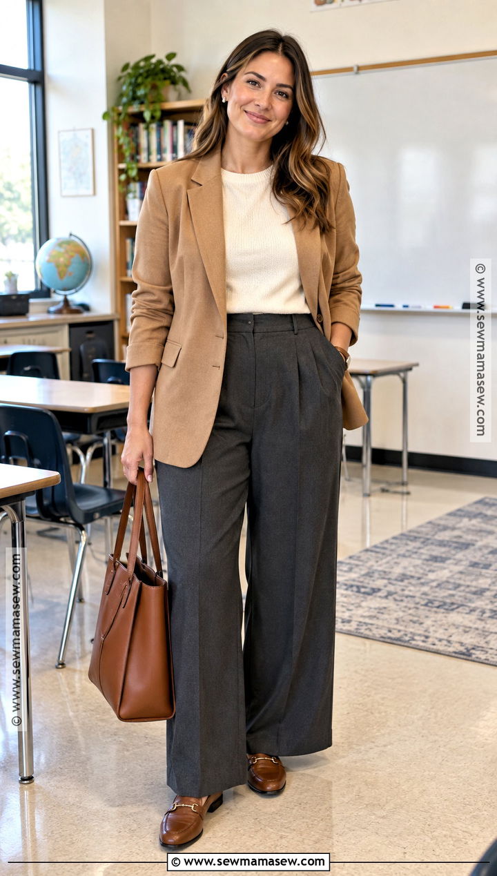 High School Teacher Blazer and Wide Leg Trouser Outfit - 15 teacher outfits high school fall
