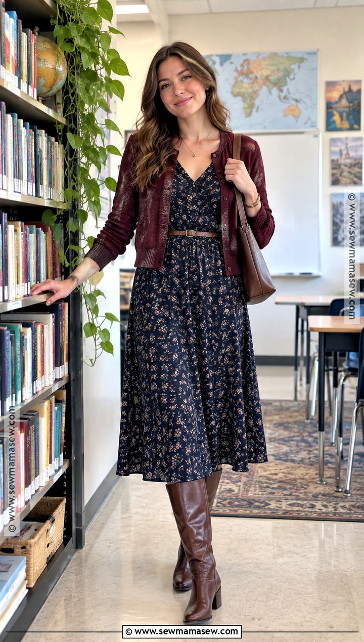 High School Teacher Cardigan and Midi Dress Outfit - 15 teacher outfits high school fall